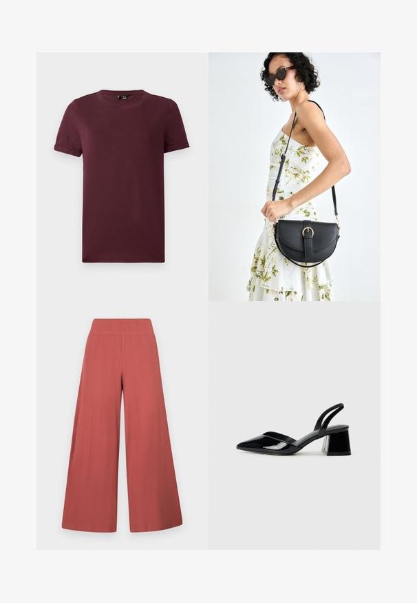 Burgundy T-shirt made of soft cotton, features a round neck, short sleeves, and a relaxed fit with a smooth texture and no visible patterns.; Wide-leg trousers in a rust color, made from textured fabric with vertical ribbing. Features a high, elastic waistband.; Black patent leather slingback heels with a pointed toe and a geometric block heel. Features a sleek, minimal design and smooth texture.; Black leather handbag with a curved shape, detachable strap, and gold hardware. The bag features a flap with a buckle detail.