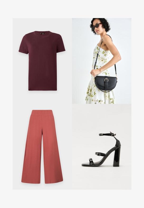 Camiseta burdeos de algodón suave, con cuello redondo, mangas cortas y un corte relajado, con una textura lisa y sin patrones visibles.; Pantalones de pierna ancha en color óxido, hechos de tela texturizada con nervaduras verticales. Presentan una cintura alta y elástica.; Sandalias negras de charol con tacón alto, dos correas con hebilla, punta cuadrada y tacón grueso, con una textura lisa y brillante.; Bolso de piel negra con forma curva, correa desmontable y herrajes dorados. El bolso cuenta con una solapa con un detalle de hebilla.