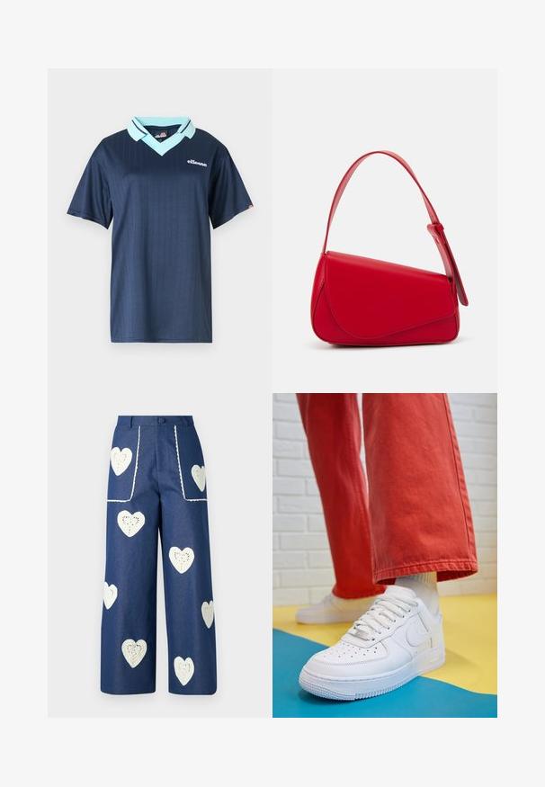 Polo a maniche corte blu navy con collo azzurro e motivo a righe verticali. Presenta un logo bianco del marchio sul petto.; Sister Jane HEART TO HEART - Jeans a sigaretta - blue denim; Sneaker bianco in pelle con punta perforata, suola testurizzata e lacci bianchi, abbinati a pantaloni rossi larghi e uno sfondo blu e giallo.; Borsa a tracolla in pelle rossa con un design angolare e geometrico. Presenta una singola tracolla regolabile e una chiusura a patta con dettagli cuciti.