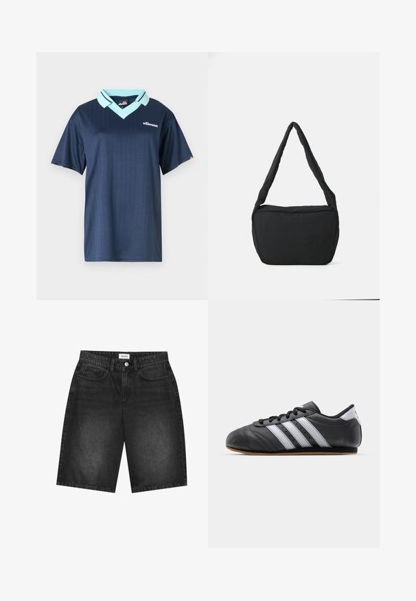 Tumesinine lühikeste varrukatega polo särk, millel on helesinine krae ja vertikaalne triibumuster. Rinnal on valge brändi logo.; Mustad teksatantsid sirge jala lõikega, viie taskuga kujundusega ja esise nupuga sulgemisega. Tekstuuriga kangas, millel on kulunud viimistlus.; Must must harjukets, millel on valged triibud, ümmargune varvas, lame tall ja shoelace sulgemine. Omab perforatsioone hingavuse tagamiseks.; Must have kaelus kott pehmendatud tekstuuriga, ümmargune kuju ja lai rihm, mille esipaneelil on reljeefne logo.