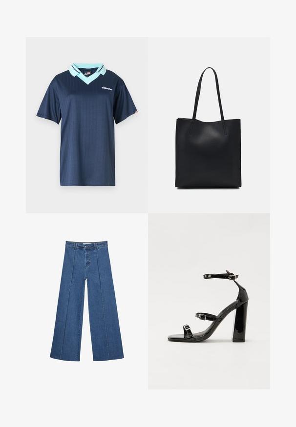 Dunkelblaues Polohemd mit kurzen Ärmeln, einem hellblauen Kragen und vertikalem Streifenmuster. Mit einem weißen Markenlogo auf der Brust.; Weite Jeans aus Denim in Mittelblau, mit hoher Taille, Knopfverschluss und kontrastierenden vertikalen Nahtdetails an der Vorderseite.; Schwarze patentierte Sandalen mit Absatz, quadratischer Spitze, Knöchelriemen und silbernen Schnallen. Mit einem stabilen Blockabsatz für mehr Stabilität.; Schwarze Laptoptasche aus Leder mit glatter Textur, rechteckiger Form und zwei langen Griffen. Keine sichtbaren Beschläge oder Verzierungen.