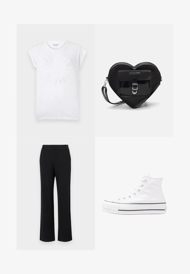 Camiseta de algodón blanca con escote redondo y mangas cortas. Presenta un diseño de texto circular en pequeños puntos que dice "Pepe Jeans London."; Pantalones negros de pernera acampanada con una textura suave, cintura de altura media y bolsillos laterales. Diseño simple sin patrones ni adornos.; Zapatilla de lona alta blanca con suela de goma negra, puntera de goma frontal y seis ojetes para los cordones, que presenta un diseño limpio y minimalista.; Bolso negro con forma de corazón, hecho de cuero ecológico, con un bolsillo frontal que presenta un cierre de hebilla y una correa desmontable. Detalles en metal plateado.