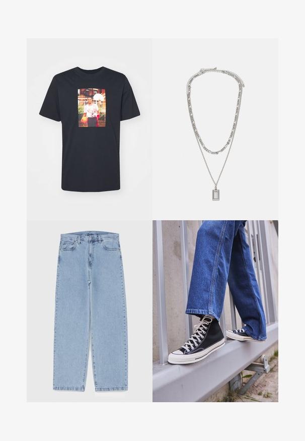 Tricou negru din bumbac cu decolteu rotund, având un grafic central cu un jucător de baschet îmbrăcat cu o uniformă a echipei Bulls.; Jeans din denim de culoare albastru deschis, cu un design cu picioare drepte, având talie medie, cinci buzunare și un sistem de închidere cu nasture și fermoar.; Tenisi negri tip gheată cu talpă și șireturi albe, asortați cu blugi albaștri largi, sprijiniți pe un balustradă gri.; Colier argintiu cu două lanțuri suprapuse; prezintă un pandantiv dreptunghiular cu o suprafață netedă, evidențiind un finisaj din metal polisat.
