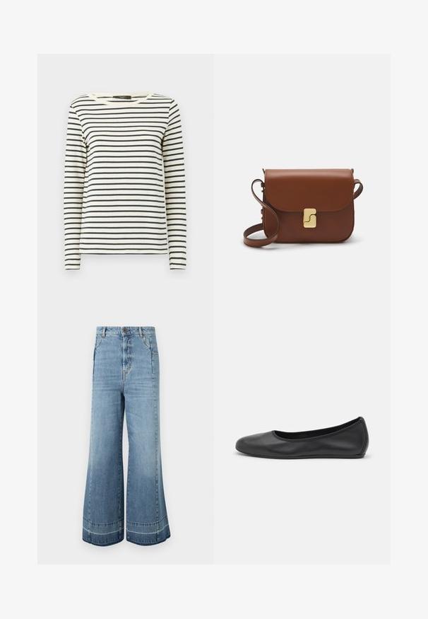 Pikkade varrukatega triibuline särk, mis on valmistatud pehmest kangast, millel on horisontaalne tumesinine ja kreemivalge triibustus, ümar kaelus ja lõdva istuvusega.; WEEKEND MaxMara AGENDA - Avar lõikega teksad - navy; Musthave mustika tantsutossud mustast nahast, ümmarguse varbaga, siledast tekstuurist, minimaalse õmblusdetailiga ja paindliku tallakujundusega.; Pruunist nahast käekott, millel on klapiga sulgur, kuldne riistvara, õlarihm ja sile tekstuur. Kompaktne ristkülikukujuline vorm.