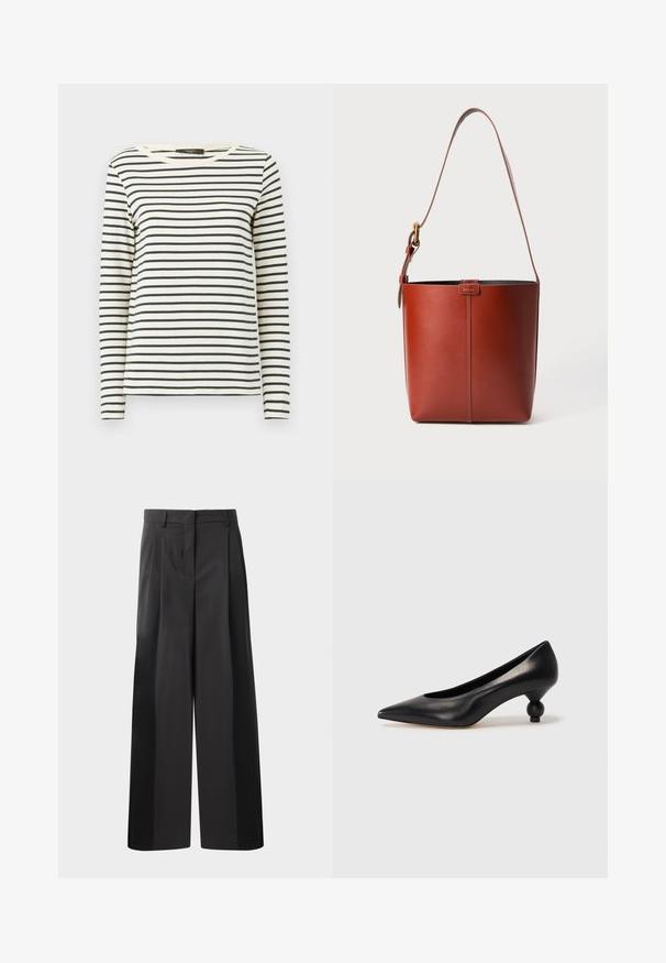 Long-sleeve striped shirt made of soft fabric, featuring horizontal navy and cream stripes, a round neck, and a relaxed fit.; Black wide-leg trousers with a high waist, featuring front pleats, a smooth texture, and a tailored finish. Designed for a relaxed fit.; Black leather high heel shoe with a pointed toe and a round, balled heel. Smooth texture with a sleek, minimal design.; Brown leather bucket bag with adjustable shoulder strap and gold-tone buckle, simple vertical seam detail on front.