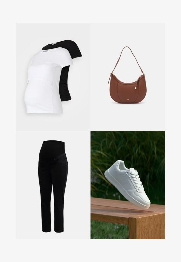 Musta ja valkoinen äitiys T-paidat, lyhyet hihat, pehmeää puuvillamateriaalia, joissa on kerroksellinen muotoilu ja rypistetty osa kasvavalle vatsalle.; Mustat äitiysfarkut, joissa on joustava korkea vyötärö ja slim-fit lahkeet, suunniteltu mukavuutta ja tukea varten raskauden aikana.; Valkoiset tennarit, joissa on sileä synteettinen päällinen, rei'itetty varvasosa, litteät nauhat ja teksturoitu pohja, esillä puupinnalla.; Ruskea keinonahkainen olkalaukku, jossa on kaareva muoto, minimaalinen ompelu ja kultasävyinen varuste. Varustettu ylhäältä avautuvalla vetoketjullisella suljennalla ja säädettävällä hihnalla.