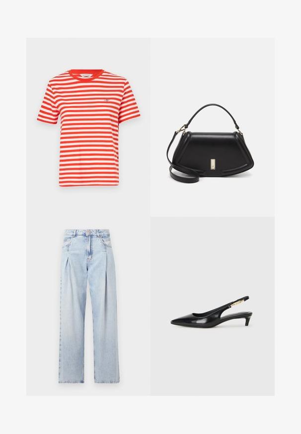 Rød- og hvitstripet T-skjorte med korte ermer, rund hals og brodert logo på venstre bryst. Laget av bomull, avslappet passform.; Lyseblå denimjeans med høy livlinje, vide ben, to sidelommer og plisserte detaljer. Myk tekstur med en falmet finish.; Sorte lærreim hæler med spiss tå, som har en slank hæl og en gullfarget detalj på den justerbare stroppen. Glatt tekstur.; Sort lærveske med en strukturert design, som har en avkortet form, topphåndtak og detaljer i gull. Justerbar skulderstropp inkludert.
