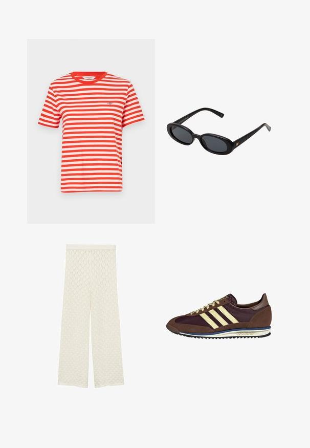Red and white striped T-shirt with short sleeves, round neck, and embroidered logo on the left chest. Cotton material, casual fit.; Cream-colored wide-leg trousers with a textured, diamond-patterned fabric. Features a smooth waistband and a loose, airy fit.; Brown and burgundy sneaker with suede and mesh materials, featuring three cream stripes, textured fabric on the tongue, and a rubber sole.; Black oversized sunglasses with oval lenses, smooth plastic frame, and gold accents on temple. Dark lenses provide sun protection.