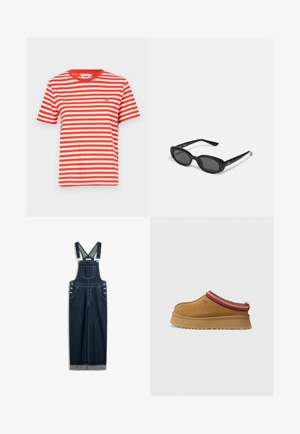 Rot-weißer gestreifter T-Shirt mit kurzen Ärmeln, Rundhalsausschnitt und gesticktem Logo auf der linken Brust. Baumwollmaterial, lockere Passform.; Dunkelblaue Denim-Latzhose mit verstellbaren Trägern, einer Vordertasche, seitlichen Knöpfen und einem weiten Beinprofil mit umgeschlagenem Saum.; Braune Wildleder-Slipper mit rot-creamfarbenem gemusterten Besatz, strukturiertem Absatz und UGG-Logo an der Seite. Verfügt über eine leichte Plattformhöhe.; Schwarze Sonnenbrille mit ovalen Gläsern, glänzendem Kunststoffrahmen und schlanken Bügeln. Mit Ray-Ban-Logo in Weiß an der Seite.