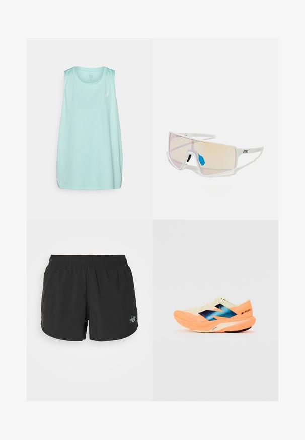 Light blue sleeveless athletic top with a round neckline and a small white logo on the front. Made from a smooth, moisture-wicking fabric.; Black athletic shorts with an elastic waistband, made of lightweight fabric. Features a small gray logo on the lower right side.; Running shoe with a lightweight cream upper, blue branding, and orange accents on the sole. Mesh texture for breathability.; White-framed sunglasses with large, gradient lenses featuring a pink to light orange tint, accentuated by a blue nose piece and logo detail.
