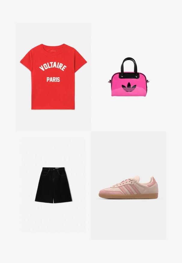 Rød bomulds T-shirt med korte ærmer, rund halsudskæring og hvid tekst med ordene "VOLTAIRE" og "PARIS" i fede, buede bogstaver.; Sorte denimshorts med løs pasform, der har fem lommer, gule stikninger og en mid-rise talje.; adidas Originals SAMBA OG - Sneakers - quartz/mauve; Lyserød patentlæder håndtaske med et sort logo og håndtag, der har en rund form og lynlåslukning. Den glatte tekstur øger synligheden.