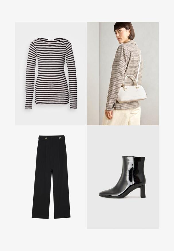 Fekete-fehér csíkos, hosszú ujjú felső, puha anyagból készült, széles nyakkivágással és testhez simuló siluettel. Egyenletesen elhelyezkedő vízszintes csíkokkal rendelkezik.; Fekete, bő szárú nadrág magas derékkal, gombos részletekkel a derékrészen és elülső pliszékkal.; Fekete lakk bőrcipő bokáig érő, hegyes orral és közepes magasságú tömbsarokkal. Simább textúrával és minimalista dizájnnal rendelkezik.; Fehér, strukturált kézitáska rövid füllel és vállpánttal, arany színű fém kiegészítőkkel és texturált anyagból, szürke háttér előtt bemutatva.