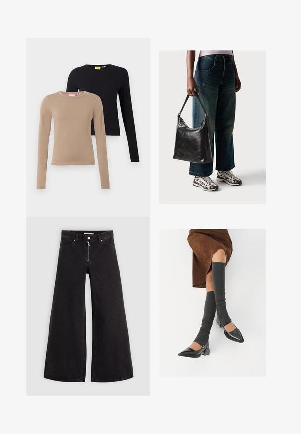 Beige ja musta pika varrukaga topid, millel on ümarad kaelused, sile tekstuur ja kehaümar kujundus. Kaelustes on nähtavad sildid.; Laiad teksad mustast denimist, millel on lukuga eesmine osa, viie taskuga disain ja peened õmblusdetailid. Sile tekstuur ja juhuslik stiil.; Mustad patsaline odav värviga kingad, millel on kreen ja pahkluuring, on paaritatud hallide ribakudumitega sääremiidega ja pruunist nahast seelikuga.; Must musta õlakott, millel on sile tekstuur ja reguleeritav rihm, koos pleekinud laia jalgadega teksade ja sportlike tossudega.