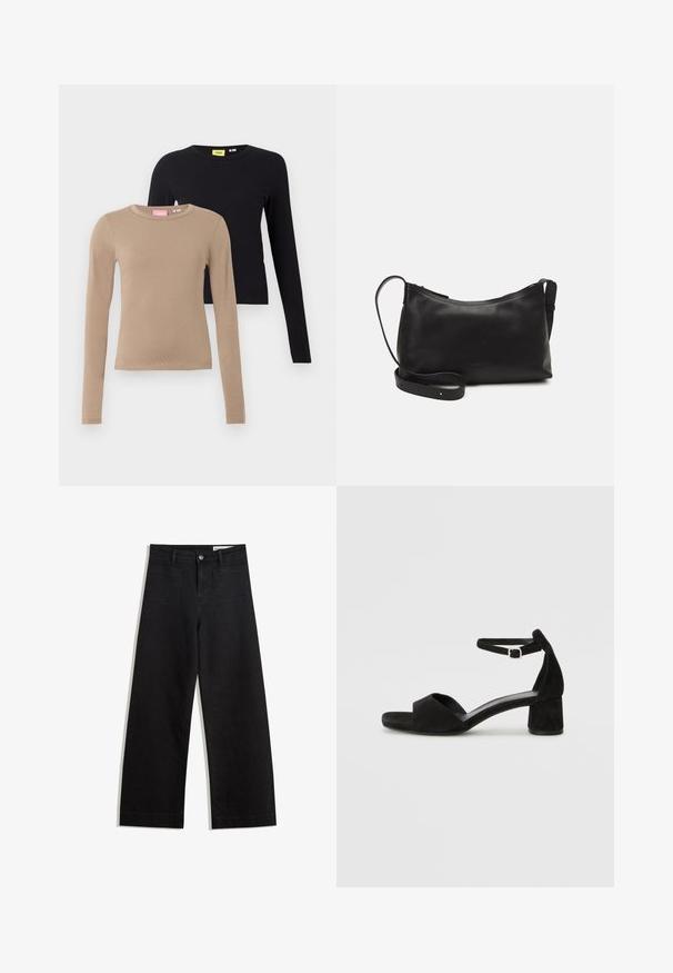 Langärmlige Oberteile in Beige und Schwarz, mit runden Ausschnitten, glatter Textur und tailliertem Design. Etiketten sind an den Ausschnitten sichtbar.; Schwarze weit geschnittene Jeans mit hoher Taille, ausgestattet mit Vorder- und Hintertaschen, gesteppten Nähten und einem Knopfverschluss. Glatte Textur.; Schwarze Wildleder-Espadrilles mit einem dünnen Knöchelriemen, offener Zehenpartie und moderatem Blockabsatz. Glatte Textur und minimale Akzente.; Schwarze Ledertasche für die Schulter mit glatter Textur, geschwungener Form, verstellbarem Tragegurt und Reißverschluss. Minimalistisches Design ohne Verzierungen.