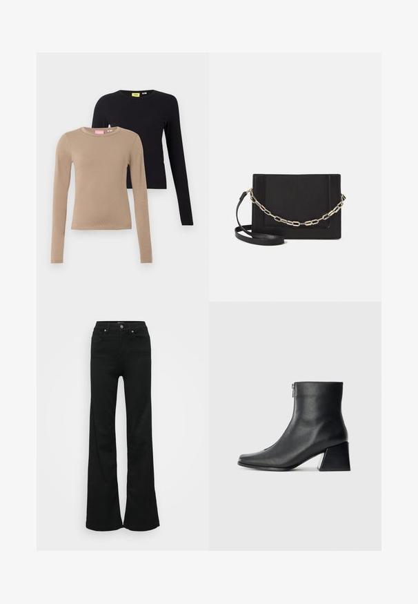 T-shirts de manga longa em bege e preto, com decotes redondos, textura suave e design ajustado. As etiquetas são visíveis nos decotes.; Jeans ajustados pretos em denim, com cintura alta, cinco bolsos e fecho de botão metálico. Textura suave com detalhes mínimos.; Bota de tornozelo em couro preto com bico quadrado, fecho lateral e salto bloco contra um fundo claro plano.; Bolsa crossbody de couro preto com uma textura suave, forma retangular e um detalhe em corrente metálica na frente. Inclui uma alça ajustável.