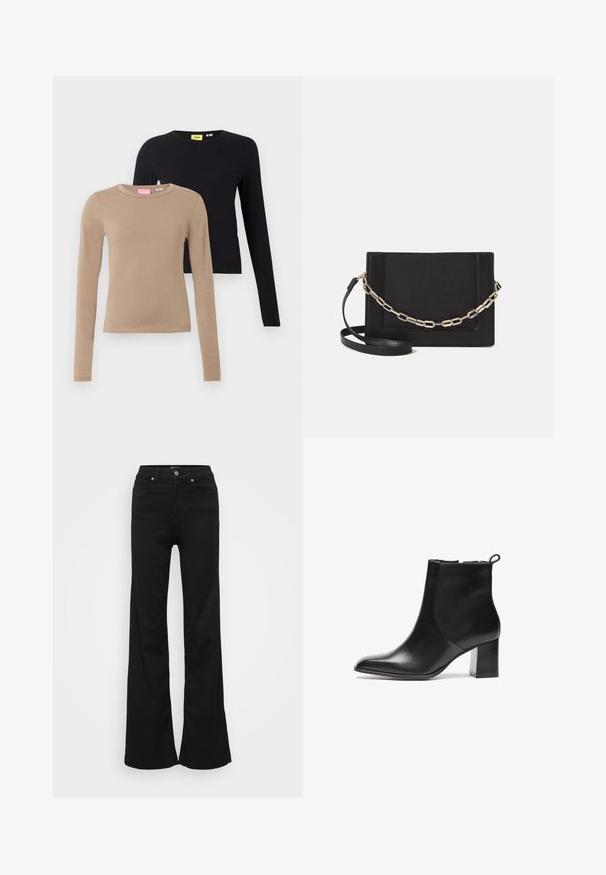 Holey s dlouhým rukávem v béžové a černé barvě, s kulatými výstřihy, hladkým povrchem a přiléhavým střihem. Na výstřizích jsou viditelné štítky.; Černé zvonové džíny vyrobené z denimu, s vysokým pasem, pěti kapsami a kovovým zapínáním. Hladká textura s minimálním zdobením.; Černá kožená kotníková bota s kulatou špičkou, středně vysokým blokovým podpatkem a poutkem na zadní straně. Hladká textura, minimalistický design.; Černá kožená crossbody taška s hladkým povrchem, obdélníkovým tvarem a kovovým řetízkem na přední straně. Součástí je nastavitelný popruh.