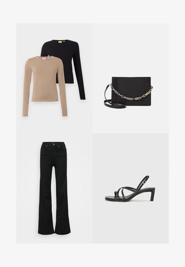 Langarmshirts in beige en zwart, met ronde halslijnen, een gladde textuur en een aangesloten ontwerp. Labels zijn zichtbaar op de halslijnen.; Zwarte wijde jeans gemaakt van denim, met een hoge taille, vijf zakken en een metalen knoopsluiting. Gladde textuur met minimale detailing.; Zwarte sandaal met bandjes, vierkante teen en een lage blokhak. Voorzien van meerdere dunne bandjes en een verstelbare enkelband. Gemaakt van zacht leer.; Zwarte leren schoudertas met een gladde textuur, rechthoekige vorm en een metallic kettingdetail aan de voorkant. Verstelbare schouderband inbegrepen.