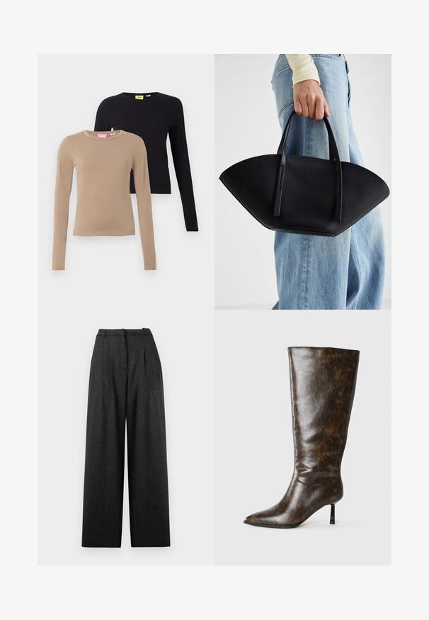 Langärmlige Oberteile in Beige und Schwarz, mit runden Ausschnitten, glatter Textur und tailliertem Design. Etiketten sind an den Ausschnitten sichtbar.; Weite Hosen in einem dunkelgrauen Karomuster, mit hoher Taille, Falten und einer strukturierten Passform. Hergestellt aus strukturiertem Stoff.; Braune, abgenutzte Lederkniehohe Stiefel mit spitzem Zeh und dünnem Stiletto-Absatz auf weißem Hintergrund.; Schwarze Lederhandtasche mit einzigartiger Fächerform, ausgestattet mit flachen Griffen. Die Oberfläche hat eine genoppte Textur und ein minimalistisches Design.