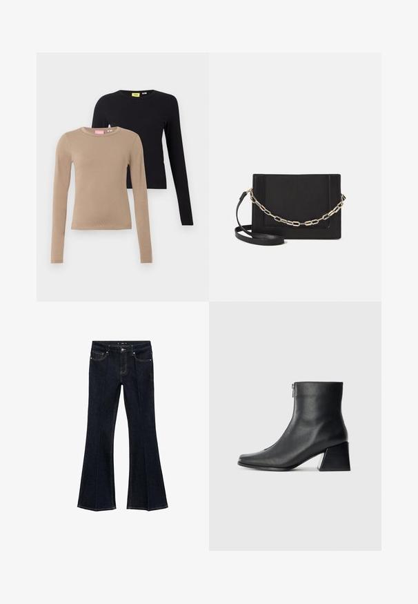 Bluze cu mânecă lungă în nuanțe de bej și negru, cu decolteu rotund, textură netedă și croială ajustată. Etichetele sunt vizibile pe decolteuri.; Jeansi din denim bleu închis, cu talie înaltă, buzunare frontale și picioare evazate, expuși plat pe un fundal alb.; Botină neagră din piele, cu vârf pătrat, fermoar pe lateral și toc bloc, pe un fundal simplu deschis.; Geantă de umăr din piele neagră, cu o textură netedă, formă rectangulară și un detaliu din lanț metalic în față. Include curea reglabilă.