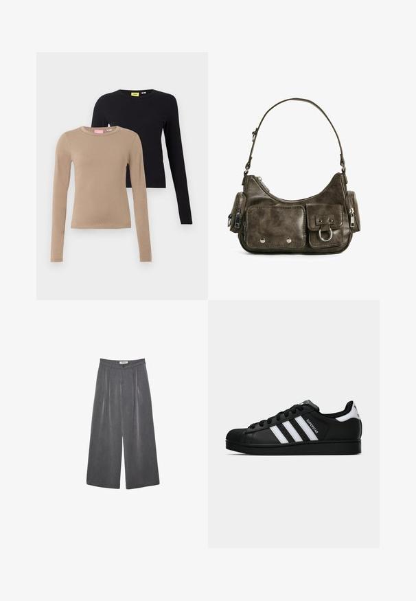 Maglie a manica lunga in beige e nero, con scollature rotonde, texture liscia e design aderente. Le etichette sono visibili sulle scollature.; Pantaloni ampi a pieghe in tessuto grigio scuro con una sottile texture. Presentano una chiusura con bottone e un design della vita classico.; Sneaker nera Adidas Superstar con strisce bianche, punta a conchiglia e testo "Superstar" su un lato, mostrata in profilo laterale su sfondo bianco.; Borsa a tracolla in pelle verde scuro con forma curvata, tasche con zip e tasca anteriore con patta. Presenta accessori in argento e una finitura texture.