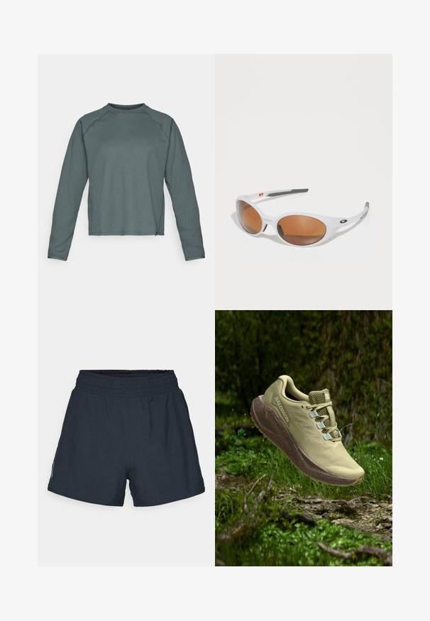 Langermet, rundhalset topp i strukturert mørk teal-stoff, med ribbestrikket mønster og litt cropped hem.; Mørk marineblå treningsshorts laget av lett stoff. Elastisk midjebånd, løs passform, og ingen synlige lommer eller mønstre.; Lys grønn terrengløpesko med teksturert mesh-overdel, reflekterende detaljer og polstret såle. Flyter over et gressdekt terreng.; Hvite solbriller med brune linser, oval form, laget av glatt plast, med grå detaljer på armene og en logo på rammen.