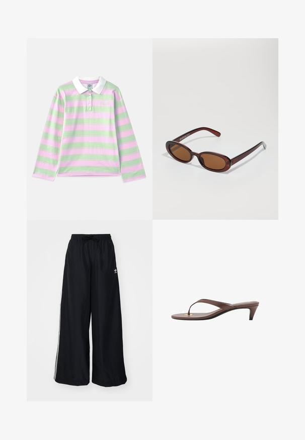 Pitkähihaista polo-paitaa, jossa on valkoinen kaulus. Paita on vaaleanvihreillä ja vaaleanpunaisilla vaakaraitoilla, valmistettu pehmeästä puuvillakankaasta.; Mustat leveät housut, jotka on valmistettu kevyestä kankaasta. Varustettu joustavalla vyötärökaistalla, jossa on kiristysnauha, ja valkoisilla sivusuunnilla. Brändin logo lantiossa.; Kahvoit varrelliset flip-flop sandaalit, joissa on hoikka hihna ja pyöristetty varvasosa, sekä pieni kultainen yksityiskohta pohjalla.; Pyöreät, ruskehtavat aurinkolasit, joissa on kiiltävä burgundinpunainen runko. Kapeat sivut, joissa on hienovarainen brändäys. Litteät linssit.; Ruskea mokkavuori hobo-laukku, jossa on löysä muoto, kaareva yläkahva ja kolmiosaiset paneelit etu- ja takapuolella.