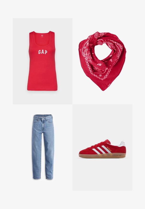 GAP - Top; Jasnoniebieskie dżinsy z denimu o luźnym kroju, prostych nogawkach, pięciu kieszeniach i postrzępionych końcach dla swobodnego wyglądu.; Czerwone zamszowe sneakersy z białym wzorem trzech pasków i złotym napisem "Gazelle". Posiadają gumową podeszwę i teksturowaną piętę.; Czerwona chustka z bawełny, ozdobiona białymi wzorami paisley i kropkami, o trójkątnym kształcie oraz metką w dolnym rogu.