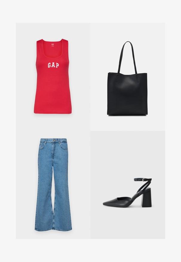 GAP TANK - Top - slipper red; Svetlo modri razširjeni džins hlače iz denima, z visokim pasom, petimi žepi in enim gumbom za zapiranje. Mehka tekstura z blagim zbledelim videzom.; Črne usnjene klasične čevlje z ostrim nosom, z zaponko za gleženj in debelim peto. Ravna tekstura, eleganten dizajn in minimalistična estetika.; Črna usnjena torba s svilnato teksturo, pravokotne oblike in dvema dolgima ročajema. Brez vidnih metalnih delov ali okrasnih elementov.