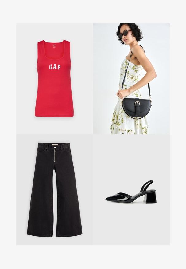 GAP TANK - Top - slipper red; Jeans de pierna ancha en denim negro con cierre frontal, diseño de cinco bolsillos y detalles de costura sutiles. Textura suave y estilo casual.; Zapatos de tacón slingback de charol negro con punta afilada y tacón geométrico en bloque. Presentan un diseño elegante y minimalista, así como una textura suave.; Bolso de piel negra con forma curva, correa desmontable y herrajes dorados. El bolso cuenta con una solapa con un detalle de hebilla.