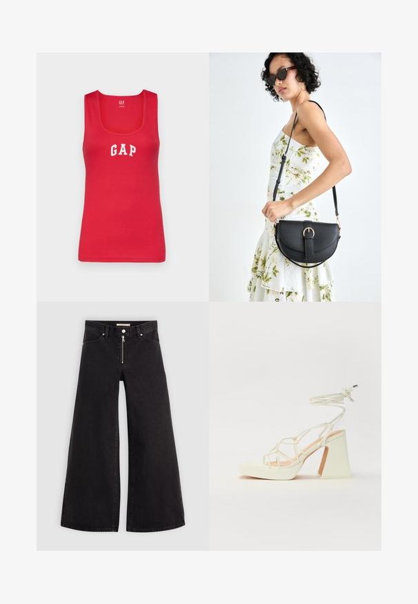 GAP TANK - Topp - slipper red; Laiad teksad mustast denimist, millel on lukuga eesmine osa, viie taskuga disain ja peened õmblusdetailid. Sile tekstuur ja juhuslik stiil.; Valged kõrge kontsaga sandaalid, millel on paks konts ja rihmadega disain koos pahkluu sidumisega. Sile tekstuur ja platvorm ees, et lisada kõrgust.; Mustmust mustraha kõverate joontega, eemaldatava rihmaga ja kuldsete detailidega. Kotil on klapp, millel on pandladetail.