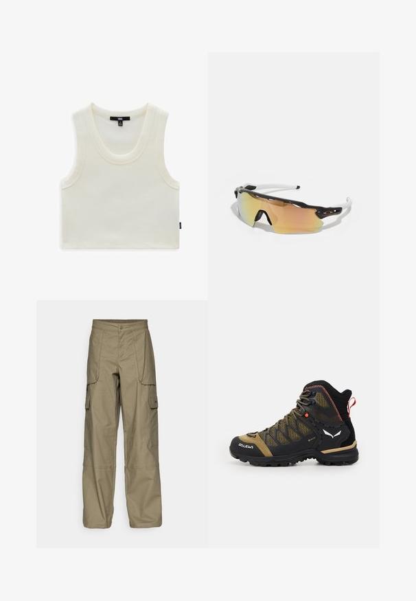 Weißes geripptes Tanktop mit weitem Ausschnitt und Armlöchern. Verfügt über ein sichtbares Markenetikett am Hals und ein Seitenschild mit dem Markennamen.; Cargo-Hosen aus olivgrünem Stoff, mit lockerem Schnitt, mehreren Seitentaschen und einem Knopfverschluss am Bund. Glatte Textur.; Halbhoher Wanderschuh in Schwarz und Olivgrün, mit einem Obermaterial aus Netzgewebe, Gummisohle und strukturierten Akzenten sowie einer Zuglasche an der Rückseite.; Sonnenbrille mit einem schwarz-weißen Rahmen, großen verspiegelten Gläsern in Gold- und Rosatönen, aerodynamischem Design und einem erweiterten äußeren Rand.