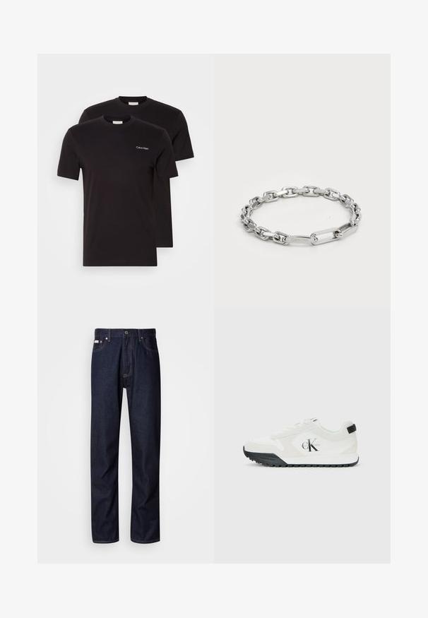 Duas t-shirts de algodão pretas com gola redonda e mangas curtas. Apresentam um pequeno logotipo branco "Calvin Klein" no lado esquerdo do peito.; Jeans de denim azul-escuro com um design de perna reta, apresentando um fecho de botão, cinco bolsos e detalhes de costura em contraste.; Sapatilha branca Calvin Klein com sola preta, painéis em camurça e malha, logo CK na lateral, e marca Calvin Klein no calcanhar e na sola.; Bracelete de corrente prateada com elos ovais e retangulares de textura suave. Logótipo gravado da Calvin Klein em um elo plano.