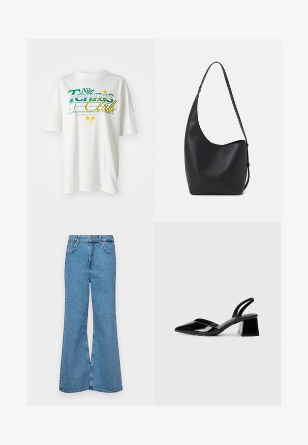 Bílá bavlněná tričko s grafickým potiskem v zelené a žluté barvě, "Nike Tennis Club," s tenisovými motivy a rokem založení 1972.; Světle modré rozšířené džíny z denimu, se zvýšeným pasem, pěti kapsami a jedním knoflíkem na zapínání. Měkký povrch s vybledlým vzhledem.; Černé lakované kožené lodičky na pásku s špičatou špičkou a geometrickým blokovým podpatkem. Vyznačují se elegantním, minimalistickým designem a hladkým povrchem.; Černá kožená hobo taška s hladkým povrchem, zakřiveným tvarem a jedním nastavitelným popruhem; má široké otevírání nahoře.
