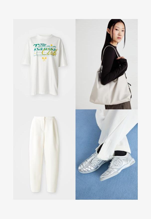 White cotton t-shirt featuring a green and yellow graphic print, "Nike Tennis Club," with tennis motifs and established year 1972.; High-waist tapered white pants with a concealed front closure and side pockets, displayed against a plain white background.; Silver athletic shoes with a smooth, shiny finish, featuring a stitched design and the number 90 on the side, paired with white pants.; Beige handbag made of soft material, featuring a slouchy design, stitched detailing, and two shoulder straps. Suitable for everyday use.