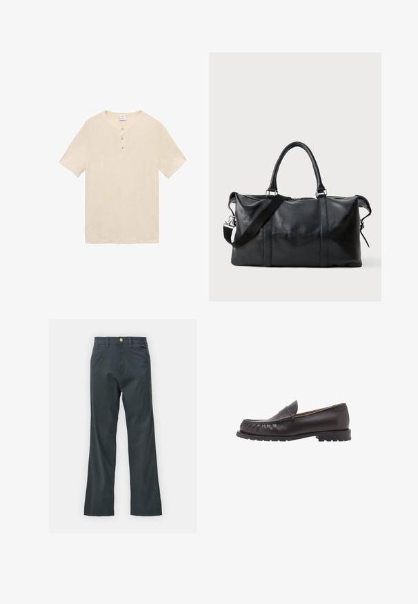 Světle béžová polokošile s krátkým rukávem vyrobená z měkké tkaniny, s oblečeným límcem, třemi knoflíky a rovnou spodní částí.; Černé kalhoty s rovnými nohavicemi, vyrobené z bavlněné směsi. Mají kovové zapínání a boční kapsy. Bez viditelných vzorů.; Hnědé kožené mokasíny s kulatou špičkou, prošitím a nízkou gumovou podrážkou. Hladký povrch s jemným leskem.; Černá kožená cestovní taška s dvěma horními úchyty, odnímatelným ramenním popruhem, zipovým uzávěrem a texturovaným povrchem. Vyznačuje se minimalistickým designem.