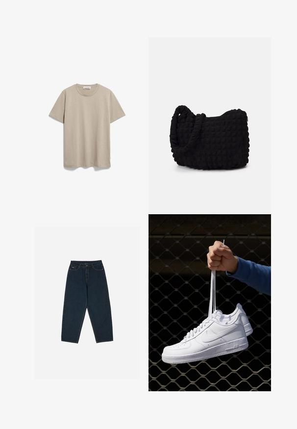 ARMEDANGELS JAAMEL STRUCTURE - T-Shirt basic - sand stone; Dunkelblaue, hochgeschnittene Jeans mit lockerer Passform, ausgestattet mit fünf Taschen und einem Knopfverschluss. Hergestellt aus Denim mit glatter Textur.; Weiße Leder-Sneaker mit Perforationen, runder Zehenpartie, flacher Sohle und dicken Schnürsenkeln, mit sichtbar eingesticktem Swoosh-Logo und "AIR" an der Ferse.; Schwarze Stofftasche mit einer strukturierten, gesteppten Oberfläche. Abgerundete Form, kurze, dicke Griffe und eine weiche, flexible Struktur.