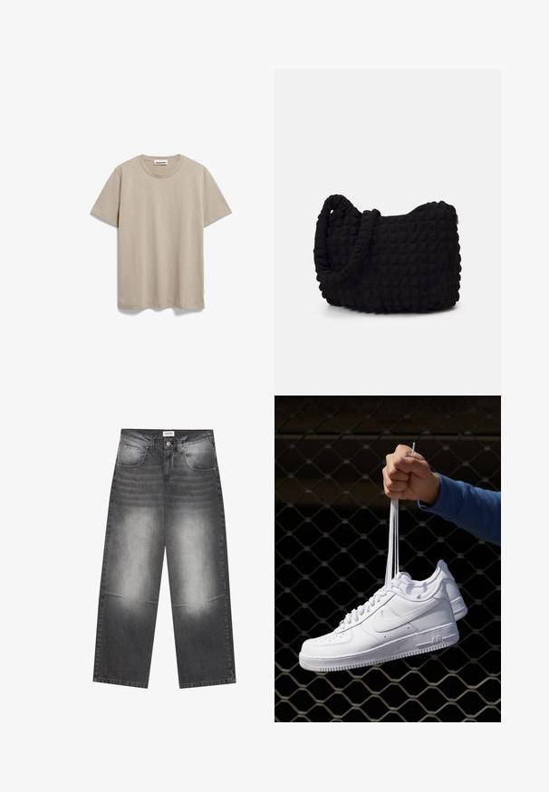 ARMEDANGELS JAAMEL STRUCTURE - T-shirt basic - sand stone; Wijdvallende zwarte spijkerbroeken van denim met een vervaagde grijze afwerking, voorzien van zijzakken, een knoopsluiting en lichte beschadigingen op de knieën.; Witte leren sneakers met perforaties, ronde neus, vlakke zool en dikke veters, met een zichtbare swoosh-logo en "AIR" op de hiel.; Zwarte stoffen tas met een gestructureerd, gewatteerd patroon. Rondvormig, korte, dikke handvatten en een zachte, flexibele structuur.