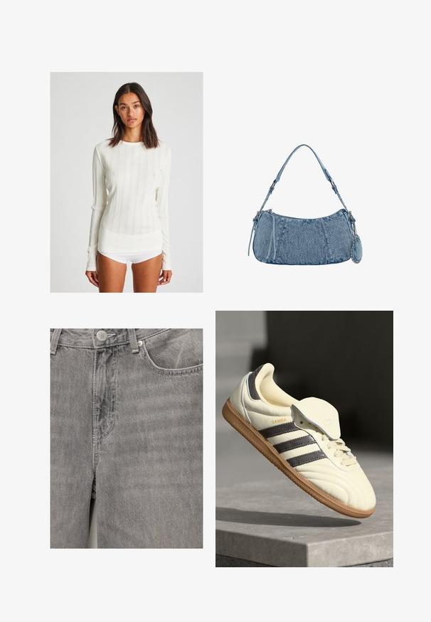 Crème kleurige ribbelshirt met lange mouwen en een ronde halslijn. Heeft verticale strepen en een slim-fit ontwerp. Gemaakt van een zachte brei-stof.; Grijze denim jeans met een gladde textuur, voorzien van een sluiting met een voorknoop en rits, zijzakken en subtiele stikdetails.; Crème leren sneaker met drie donkere strepen, een bruine gumrubberen zool en een ronde neus. Voorzien van een opvouwbare tong met het label "SAMBA."; Denim handtas met een gebogen vorm, lichtblauwe kleur, verstelbare schouderriem en een kleine afneembare pouch met metallic accenten.