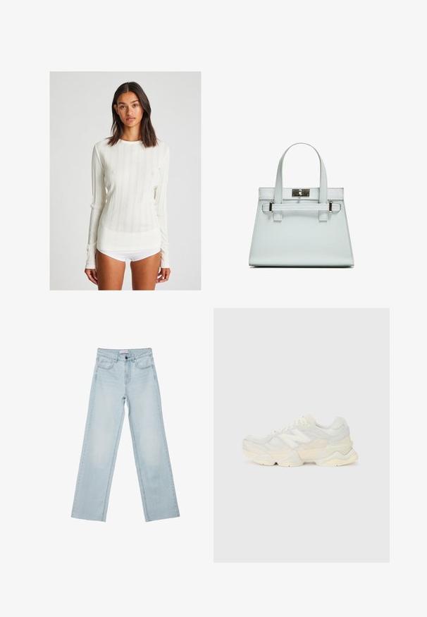 Majica dugih rukava u bjelkastoj boji od rebrastog pletiva s okruglim izrezom. Ima vertikalne pruge i prilagođen dizajn. Izrađena je od mekanog pletenog materijala.; Svijetloplave široke traperice s pet džepova, dugmadi za zatvaranje i izblijedjelim detaljima. Klasičan ravni kroj s opuštenim fitom.; Lagana tenisica s gornjim dijelom od mrežice i antilopa u blagim krem tonovima, srobustnom potplatom i trodimenzionalnim detaljima.; Svijetloplavi ručni kovčeg sa strukturiranim dizajnom, dva držača i kopčom od srebrnastog metala. Teksturirani materijal i oštri kutovi.