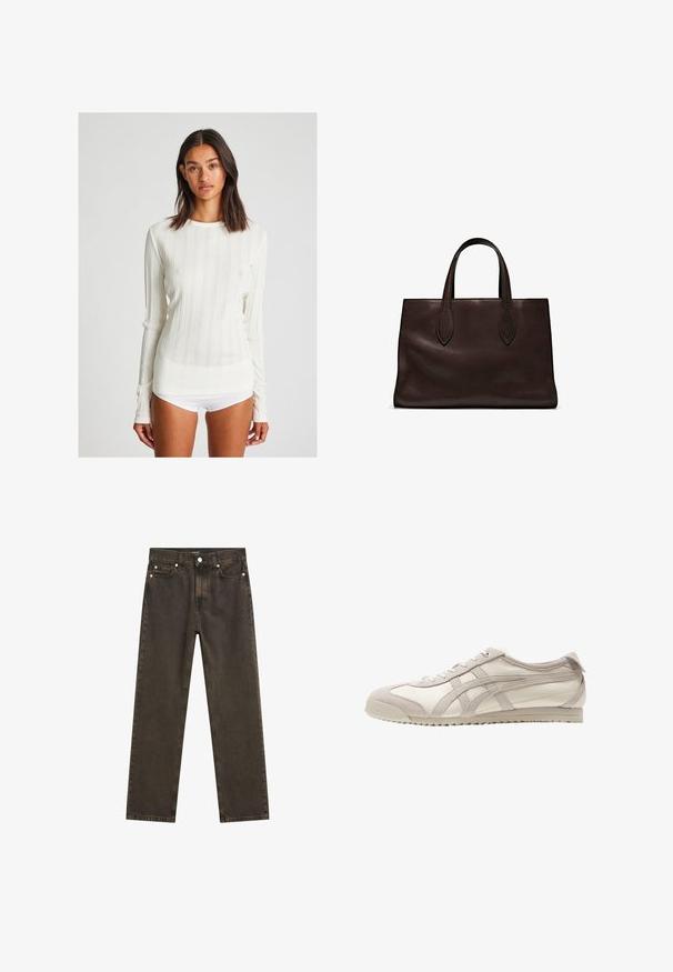 Langärmliges, cremefarbenes, geripptes Shirt mit rundem Halsausschnitt. Merkmale sind vertikale Streifen und ein figurbetontes Design. Aus einem weichen Strickstoff gefertigt.; Dunkelbraune gerade geschnittene Jeans aus Denim mit einem klassischen Fünf-Taschen-Design, metallischen Beschlägen und sichtbaren Nähdetails.; Helle beigefarbene Sneakers aus einer Mischung von Leder und Wildleder. Sie zeichnen sich durch ein schlankes Design, eine strukturierte Oberseite und eine Gummisohle mit Grip aus.; Braune Ledertasche mit zwei langen Griffen, strukturierte rechteckige Form, glatte Textur und dezente Nähdetails.; Silberne Creolen mit polierter Oberfläche, die eine kreisförmige Form und einen Schwenkverschluss aufweisen, und dabei ein elegantes und minimalistisches Design betonen.