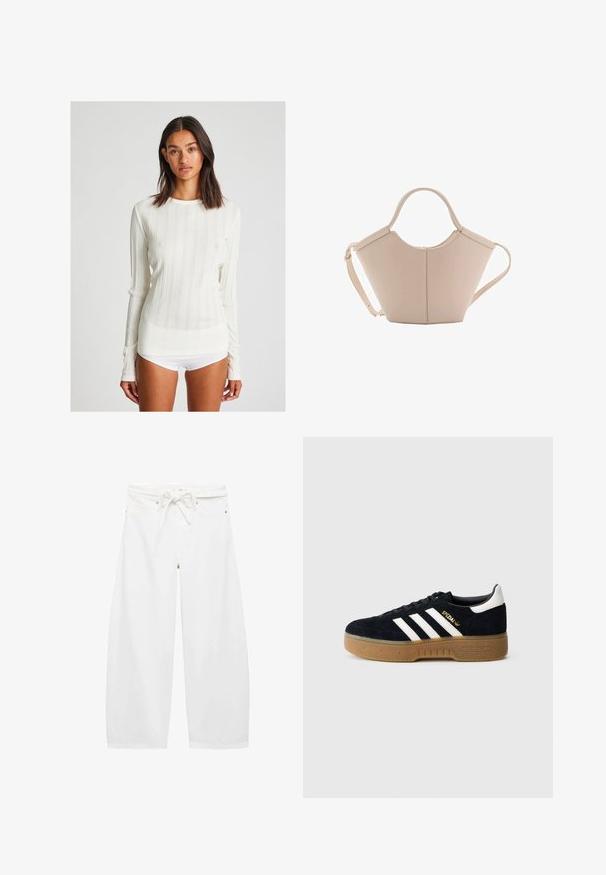 Long-sleeve cream ribbed shirt with a round neckline. Features vertical stripes and fitted design. Made of a soft knit fabric.; White wide-leg pants made of lightweight fabric, featuring a drawstring waist, two front pockets, and simple metal hardware accents.; Black suede sneaker with white three stripes and gold branding. Gum sole with textured grip. Classic low-top design, rounded toe.; Beige leather handbag with a unique shape, featuring two short handles and a long adjustable strap. Smooth texture with minimal hardware.