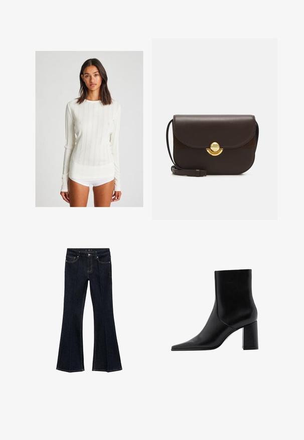 Dolga majica s kremasto rebrasto strukturo in okroglim izrezom. Ima vertikalne črte in prilegajoč način krojenja. Narejena je iz mehke pletene tkanine.; Temno modri kavbojke z višjim pasom, sprednjimi žepi in širokimi boki, prikazane na ravni beli podlagi.; Mango NONO - Gležnjarji z visoko peto - black; Furla SFERA ROUND - Torba čez telo - cioccolato