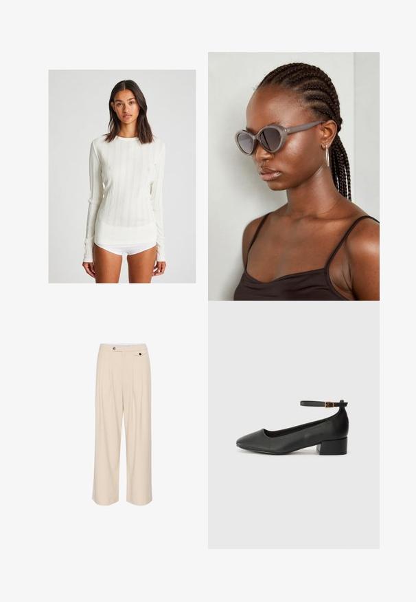 Cămașă crem cu mânecă lungă, dintr-un material ribat. Are un decolteu rotund și dungi verticale, cu un design ajustat. Fabricată dintr-un material tricotat moale.; Pantaloni largi bej cu față plată, două buzunare laterale, închidere cu nasture și detalii plissate pentru un plus de textură și design.; Pantof cu toc negru din piele, cu vârf ascuțit și toc mic pătrat. Dispune de o curea la gleznă cu o cataramă în tonuri de aur. Textură netedă.; Ochelari de soare supradimensionați gri, cu formă rotundă și lentile închise la culoare. Rame din plastic elegante, cu un finisaj neted. Modelul are părul împletit.