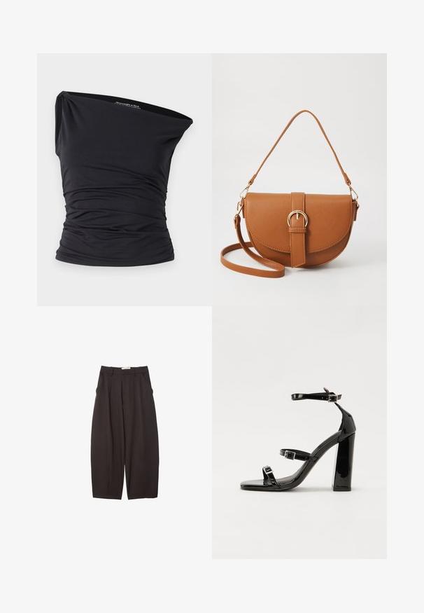 Abercrombie & Fitch ONE SHOULDER - Top - black beauty; Black wide-leg trousers made from a smooth fabric, featuring a high waist, front pleats, and side pockets. Simple design without embellishments.; Black patent high-heeled sandals with two buckle straps, square toe, and a chunky block heel, featuring a smooth, glossy texture.; Brown leather crossbody bag with a curved shape, gold hardware, and a buckle accent. Features a detachable shoulder strap.