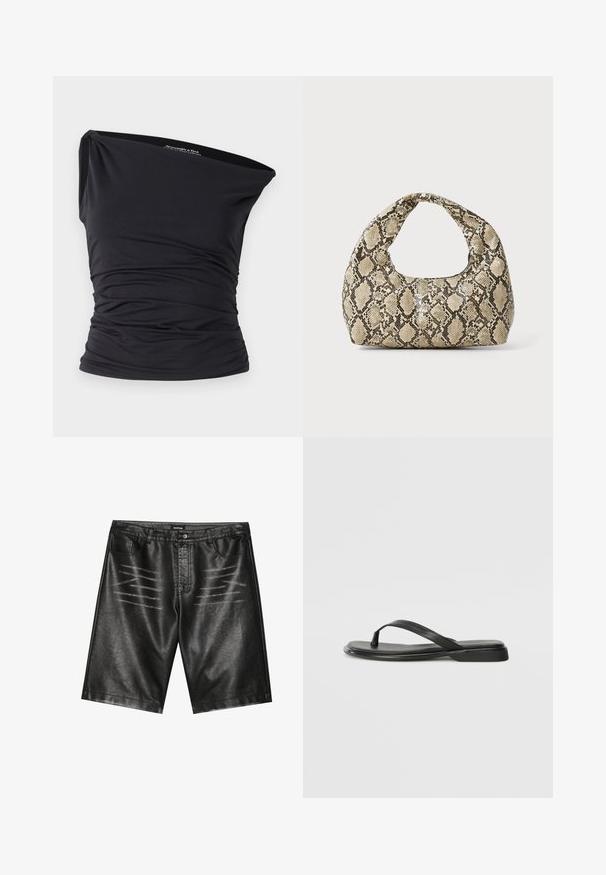 Abercrombie & Fitch ONE SHOULDER - Top - black beauty; Schwarze Shorts aus Kunstleder mit glatter Textur, fünf Taschen und subtilen Streifenakzenten auf der Vorderseite. Klassisches gerades Design.; Schwarze Flip-Flops aus glattem Leder, mit einem dünnen Riemendesign und einer flachen Sohle mit minimalem Profil. Keine bemerkenswerten Muster oder Akzente.; Schlangenmuster-Tasche mit einem gebogenen Griff. Hergestellt aus strukturierten, beige- und braunfarbenen Materialien, die ein markantes Diamantmuster aufweisen.