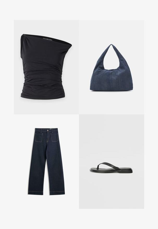 Abercrombie & Fitch ONE SHOULDER - Toppi - black beauty; Tummansinisiä leveälahkeisia farkkuja, joissa on vaaleanruskeat tikkaukset, kaksi takataskua ja napitus vyötäröllä.; Mustat varvastossut, joissa on sileä nahkapinta, ohut hihna ja litteä pohja, jossa on minimalistinen muotoilu. Ei huomattavia kuvioita tai koristeita.; Tumma sininen denimi laukku, jossa on pehmeä ja löysä muoto, hobo-tyylinen kahva ja teksturoitu pinta. Ei näkyviä metalliosia.