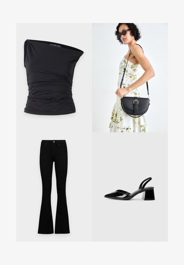 Abercrombie & Fitch ONE SHOULDER - Felső - black beauty; Fekete, magas derekú farmernadrág gomb- és cipzárzárral, elülső zsebekkel és harangszárral, laposan egy fehér háttérre terítve.; Fekete lakk bőr szandálkés magas sarkú cipő, hegyes orral és geometrikus tömbsarkakkal. Karcsú, minimalista dizájn és sima textúra jellemzi.; Fekete bőrtáska ívelt formával, levehető pánttal és arany színű fémrészekkel. A táskán egy csattal díszített fedél található.