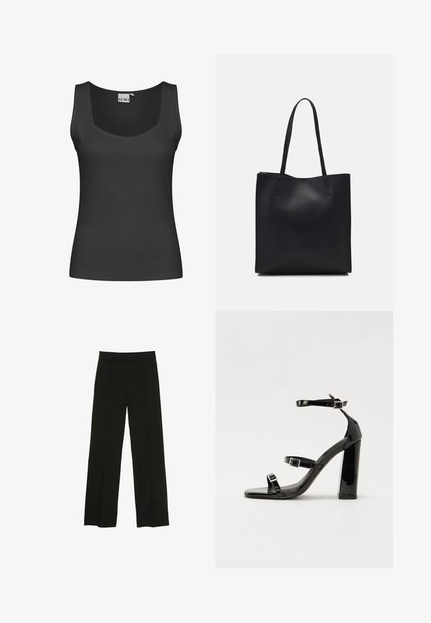 Czarny bezrękawnik z kwadratowym dekoltem i prążkowaną teksturą. Prosty fason bez ozdób czy wzorów.; Czarne spodnie szerokie na nogawkach wykonane z gładkiego materiału, z dopasowanym paskiem w talii i subtelnymi fałdami z przodu, które dodają tekstury.; Czarne lakierowane sandały na wysokim obcasie, z dwoma paskami zapinanymi na klamry, kwadratowy nosek i masywny obcas typu słupek, o gładkiej, błyszczącej fakturze.; Czarna skórzana torba tote o gładkiej fakturze, prostokątnym kształcie i dwóch długich uchwytach. Brak widocznych elementów metalowych i ozdób.