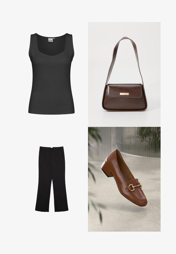 Musta hihaton toppi, jossa on neliömäinen pääntie ja ribbikuviointi. Yksinkertainen muotoilu ilman koristeita tai kuvioita.; Mustat housut suoralinjaisella leikkauksella, joissa on etutaskut ja sivurei'ät helman alla. Valmistettu pehmeästä ja sileästä kankaasta. Sopii eri tilaisuuksiin.; Ruskea kiiltävä nahkaloaferi neliönmuotoisella varpaalla, metalliketjuaktsentilla ja matalalla tukijalalla; sileä rakenne, minimalistinen muotoilu.; Ruskea nahkainen olkalaukku, jossa on rakenteellinen muotoilu, ja jossa on magneettinen läppäkiinnitys sekä metallinen logo korostus edessä.