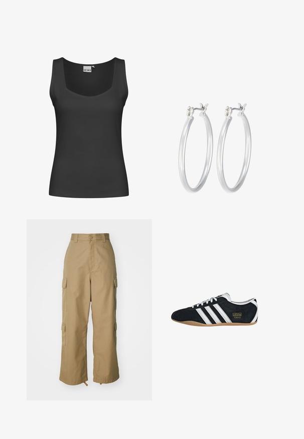 Czarny bezrękawnik z kwadratowym dekoltem i prążkowaną teksturą. Prosty fason bez ozdób czy wzorów.; Beżowe spodnie cargo z wysokim stanem, szerokimi nogawkami i czterema dużymi bocznymi kieszeniami. Wykonane z trwałego materiału o gładkiej fakturze i minimalnych detalach.; Czarne zamszowe sneakersy z białymi trzema paskami, złotym logo i brązową gumową podeszwą. Charakteryzują się niskoprofilowym zapięciem na sznurówki.; Srebrne kolczyki w formie kółek o gładkim, polerowanym wykończeniu. O okrągłym kształcie i pewnym zapięciu na klik. Lekka konstrukcja odpowiednia do codziennego noszenia.